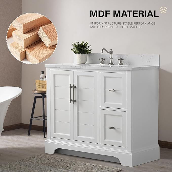 HOMEBEYOND 36 Inch Bathroom Vanity with Single Sink & Ceramic Top, Vanity Cabinet with Center Countertop Basin, Soft-Closing Doors, Backsplash, White