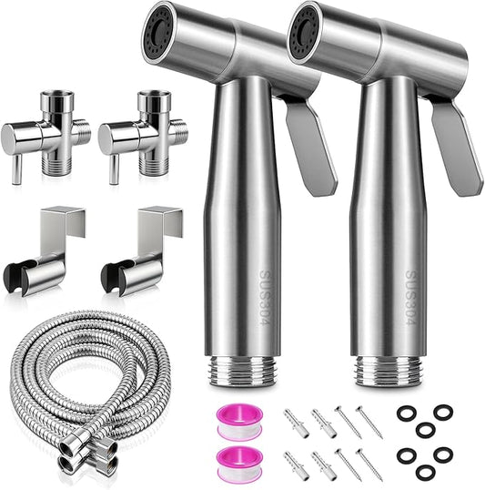 Handheld Toilet Bidet Sprayer 2 Pack, Water Pressure Adjustable Sprayer with Hose and 7/8 "T-valve, Jet Spray and Soft Spray, for Toilet, Bidet, Shower etc., Stainless Steel, Silver