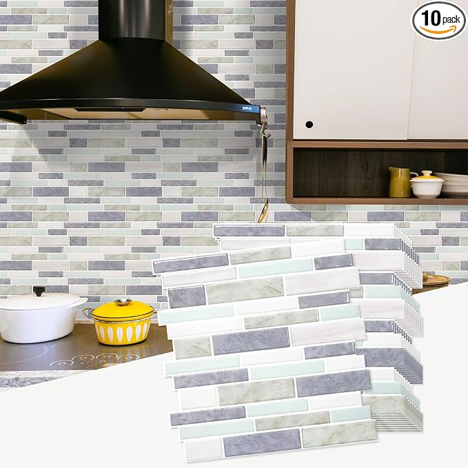 STICKGOO Thicker Design Peel and Stick Tile Backsplash, 12”×12” Stick on Backsplash for Kitchen, Self Adhesive Tile Stickers for Kitchen Backsplash and Bathroom(10 Sheets, Gray Aqua)