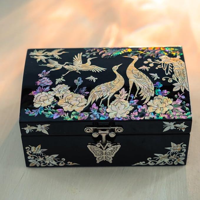 Mother of Pearl Jewelry Box – Christmas, Birthday, Valentine’s Day & Mother’s Day Gift for Women, Wedding Keepsake, Elegant Holiday Stocking Stuffer (Cranes in Bloom)