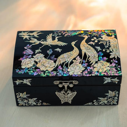 Mother of Pearl Jewelry Box – Christmas, Birthday, Valentine’s Day & Mother’s Day Gift for Women, Wedding Keepsake, Elegant Holiday Stocking Stuffer (Cranes in Bloom)