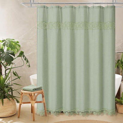 Linen Boho Lace Shower Curtain Liner Set 72x72 | Farmhouse Shower Curtain with Macrame Decor, Bohemian Cotton French Country Bath Curtain , Green