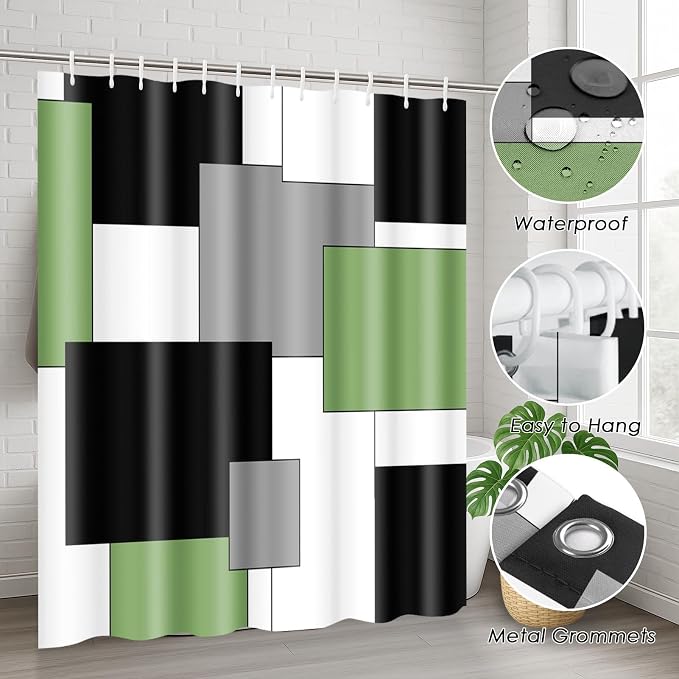 Bathroom Sets with Shower Curtain and Rugs, 4 Pcs, Geometric Sage | Modern Checkered Abstract Bathroom Decor Set with Toilet Lid Cover, Non-Slip Bath Mats and Accessories 12 Hooks
