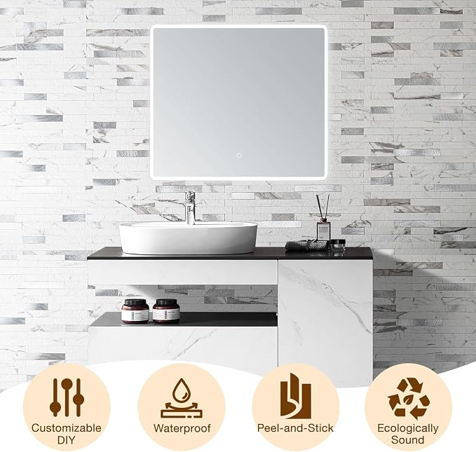 Peel and Stick Backsplash Tile Waterproof Removable PVC Wall Sticker 3D Faux Stone Marble Brick White Accent Panels (Rough White Marble - Metal Silver, 40 Tiles - 18 sq. ft. (1.68 m²))