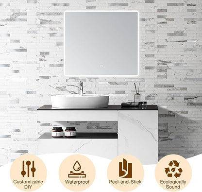Peel and Stick Backsplash Tile Waterproof Removable PVC Wall Sticker 3D Faux Stone Marble Brick White Accent Panels (Rough White Marble - Metal Silver, 20 Tiles - 9 sq. ft. (0.84 M²))
