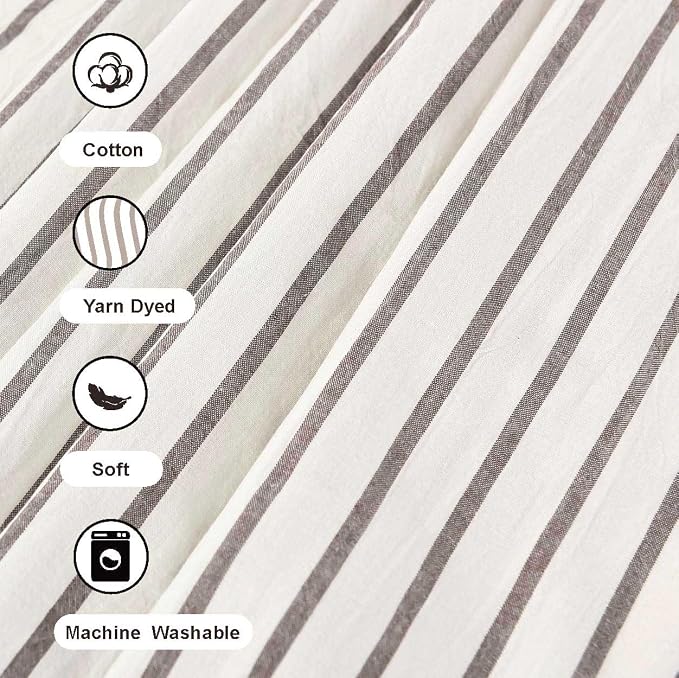 DOSLY IDÉES Farmhouse Shower Curtain, Beige and Brown Striped, Button Curtain, Spa Waffle and Cotton Woven Fabric, Rustic Charm Country Chic Style, 72x84 in
