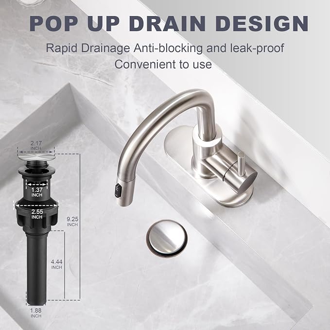 Brushe Nickel Bathroom Sink Faucet with Pull Down Sprayer | 2 Mode Sprayer, with Deck Plate for 1 or 3 Hole, 360° Swivel, with Pop Up Drain for Vanity Bar RV Basin Laundry Kitchen