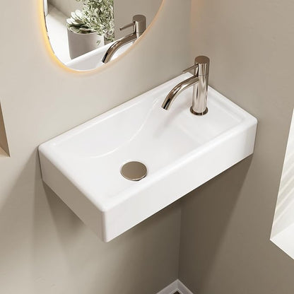 16" x 9" Wall Mount Bathroom Sink Rectangule Floating Sink Porcelain Ceramic White Bathroom Vessel Sink Right Hand Set