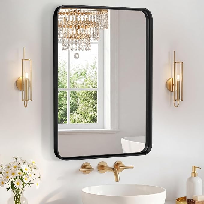 NEWBULIG 22"x30" Wall Mirror, Bathroom Mirrors for Over Sink, Black | Matte Metal Framed Vanity Mirror with Tempered Glass, Entryway, Living Room, Bedroom