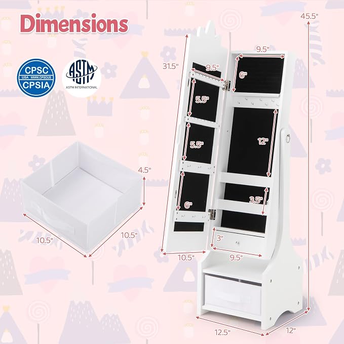 CHARMAID Kids Jewelry Cabinet - 45.5" Standing Armoire with Full Length Mirror, Kids Jewelry Organizer with Storage Drawers, Vanity Dressing Mirror for Girls (White)
