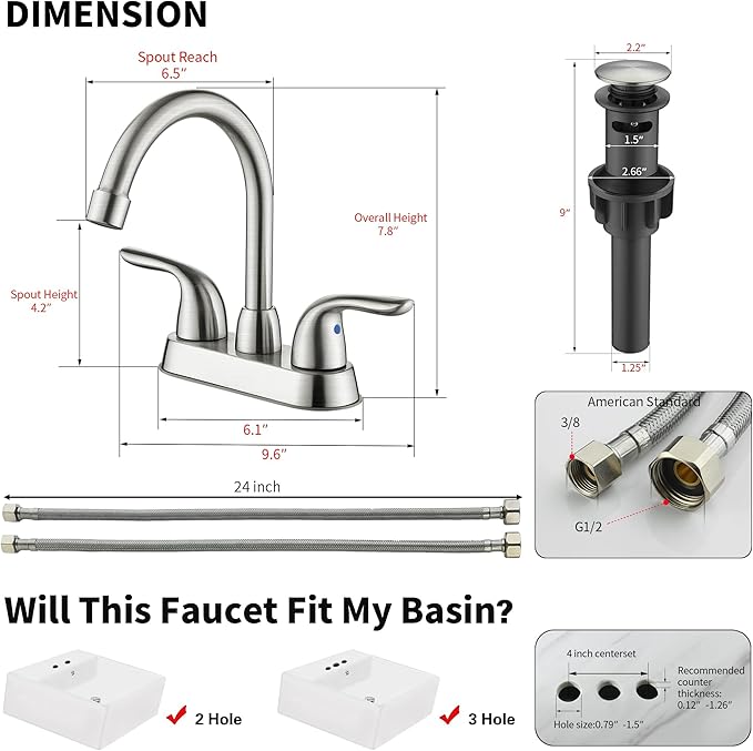 Bathroom Sink Faucets, 4 Inch, 2 Handle Centerset, Pop-up Drain Stopper, Supply Hoses (4-inch Centerset Faucet, Brushed Nickel)