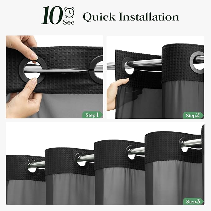 Black Hook Free Waffle Shower Curtain & Snap-in Fabric Liner,84x75 | Less Time to install, 3 in 1 Fabric Shower Curtain and Liner Set with Magnets, Extra Wide, Shower Curtains for Bathroom