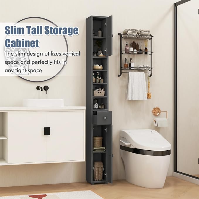 GIANTEX 71” Tall Slim Bathroom Storage Cabinet (Grey) | Narrow Floor Cabinet with 2 Doors, 5 Adjustable Shelves, 1 Drawer, Anti-Tipping Device for Small Spaces, Living Room, Kitchen