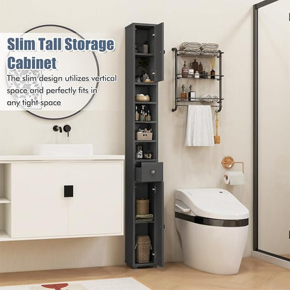 GIANTEX 71” Tall Slim Bathroom Storage Cabinet (Grey) | Narrow Floor Cabinet with 2 Doors, 5 Adjustable Shelves, 1 Drawer, Anti-Tipping Device for Small Spaces, Living Room, Kitchen
