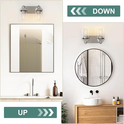 Brushed Nickel Bathroom Light Fixtures, 2 Lights Bathroom Lighting Fixtures Over Mirror, Square Design & Rectangle Large Backplate, Modern Vanity Lighting Fixtures, for Living Room/Bedroom