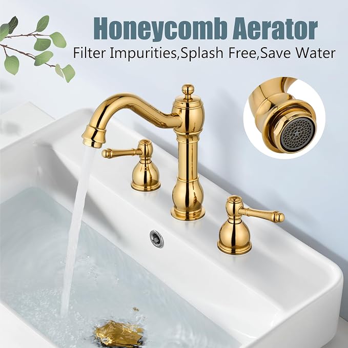 Widespread Bathroom Sink Faucet 3 Hole Metal Lever Polish Gold | Vintage Brass Sink Faucet,2 Handle,Pop Up Drain,cUPC Hose,for 8 Inch,6-16″Centerset Basin,Farmhouse,RV,Vanity,Lavatory