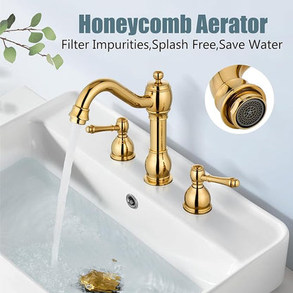 Widespread Bathroom Sink Faucet 3 Hole Metal Lever Polish Gold | Vintage Brass Sink Faucet,2 Handle,Pop Up Drain,cUPC Hose,for 8 Inch,6-16″Centerset Basin,Farmhouse,RV,Vanity,Lavatory