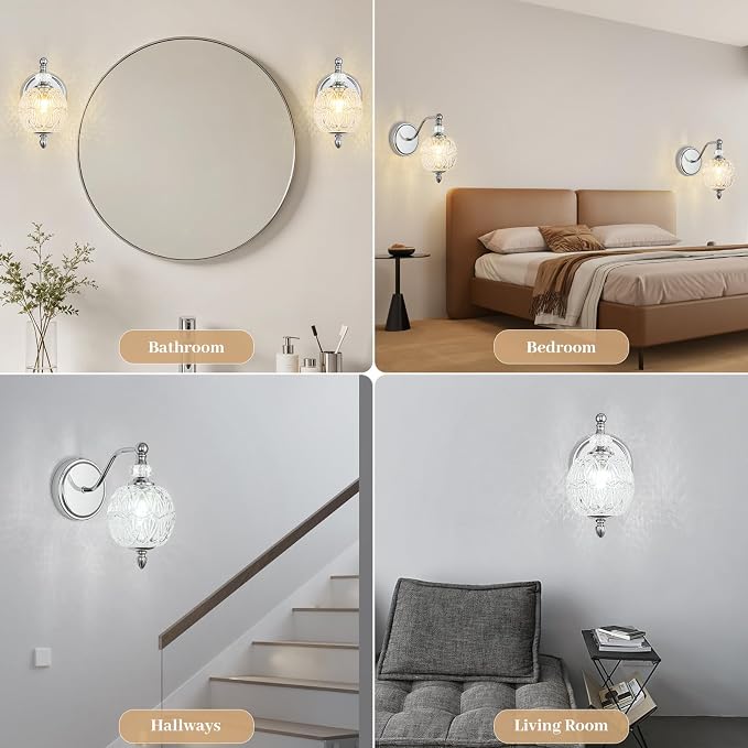1 Piece Brushed Chrome Wall Sconce, 1-Light Mid Century Modern Brushed Chrome Finish Wall Sconce with Globe Glass Shade, Modern Light for Bathroom, Bedroom, Living Room,Powder Room