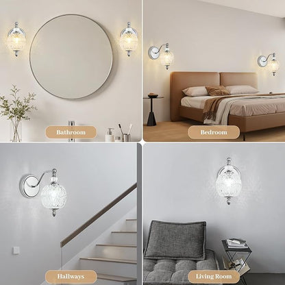 1 Piece Brushed Chrome Wall Sconce, 1-Light Mid Century Modern Brushed Chrome Finish Wall Sconce with Globe Glass Shade, Modern Light for Bathroom, Bedroom, Living Room,Powder Room