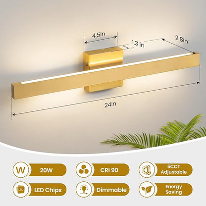 24 Inch Modern Vanity Light Gold Bathroom Light Fixture Over Mirror with Up & Down Lighting 20W Vanity Lighting Fixture Dimmable 5CCT LED Bar Vanity Light for Bathroom Restroom