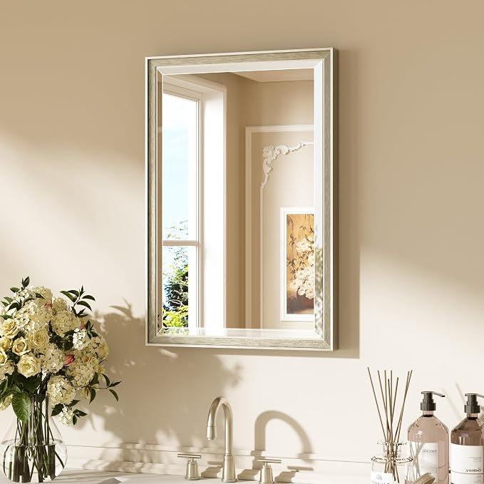 Keonjinn 16" x 24" Brushed Nickel Framed Mirror, Aluminum Alloy, Decorative | Tempered Glass with Beveled Edge, Secure French Cleat, Shatterproof, Silver Modern Framed Mirror for Hallway, Entryway Decor