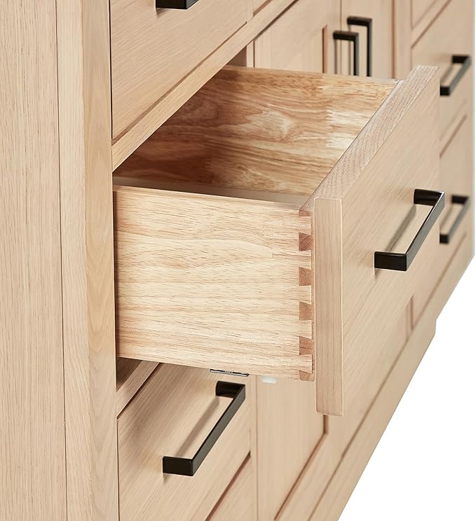 ARIEL Hepburn 54-inch Bathroom Vanity Base Cabinet,Solid Wood, 2 Soft Closing Doors, 9 Dovetail Drawers, White Oak