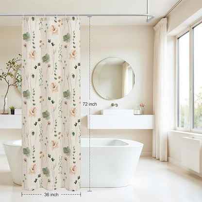 Sage Green Linen Watercolor Floral Fabric Shower Curtain, 36x72 | Linen Fabric, Modern Minimalist Floral Print, Machine Washable, Rustproof Grommets, for Bathroom Home