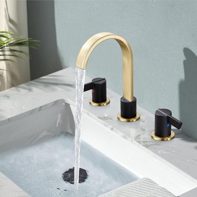 Midanya 8 Inch Widespread Bathroom Sink Faucet 3 Hole,Black and Gold Spout | Waterfall Swivel Spout,2 Handle,SUS304,with Pop Up Drain,cUPC 24" Water Hose,for 6-16” hole distance vanity,RV,Farmhouse Sink