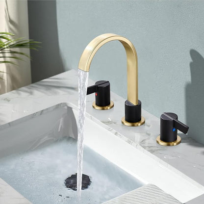 Midanya 8 Inch Widespread Bathroom Sink Faucet 3 Hole,Black and Gold Spout | Waterfall Swivel Spout,2 Handle,SUS304,with Pop Up Drain,cUPC 24" Water Hose,for 6-16” hole distance vanity,RV,Farmhouse Sink