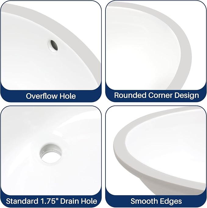 Enbol 17x14 inch Oval Undermount Ceramic Bathroom Sink - White Porcelain Vessel Lavatory Basin with Overflow, Countertop Vanity Sink ECU1714-1