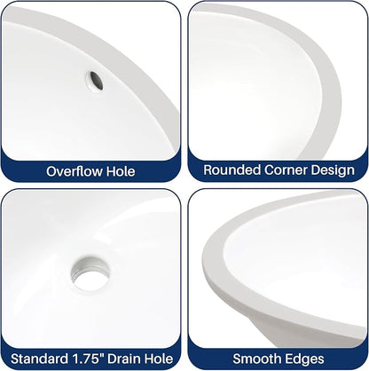 Enbol 17x14 inch Oval Undermount Ceramic Bathroom Sink - White Porcelain Vessel Lavatory Basin with Overflow, Countertop Vanity Sink ECU1714-1