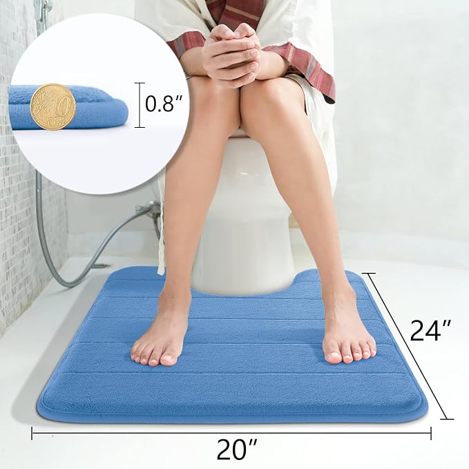 Yimobra Memory Foam Toilet Bath Mat U-Shaped, Soft and Comfortable, Super Water Absorption, Non-Slip, Thick, Machine Wash and Easier to Dry for Bathroom Commode Contour Rug, 24 X 20 Inches, Blue