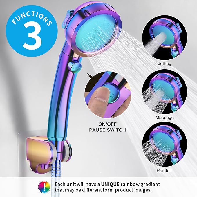 Drill-Free High Pressure Handheld Shower Head with ON/OFF Switch, 3 Spray Modes - Polished Finish, Shower Head (Radiant Rainbow) + Bracket + Hose | 3 Spray Modes with ON/OFF Switch, Detachable Dog Shower Attachment, Pet Shower Wand with Bracket & Hose,...