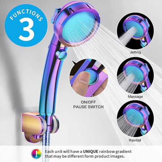 Drill-Free High Pressure Handheld Shower Head with ON/OFF Switch, 3 Spray Modes - Polished Finish, Shower Head (Radiant Rainbow) + Bracket + Hose | 3 Spray Modes with ON/OFF Switch, Detachable Dog Shower Attachment, Pet Shower Wand with Bracket & Hose,...