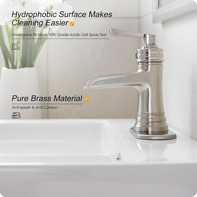 Brass Brushed Nickel Bathroom Faucet 3 Hole 4 Inch Waterfall Bathroom Faucet Single Hole, 1 Handle with Pop-up Drain, Deck Plate, cUPC Supply Pipes for Vanity, Restroom, 5 Mins Quick Install