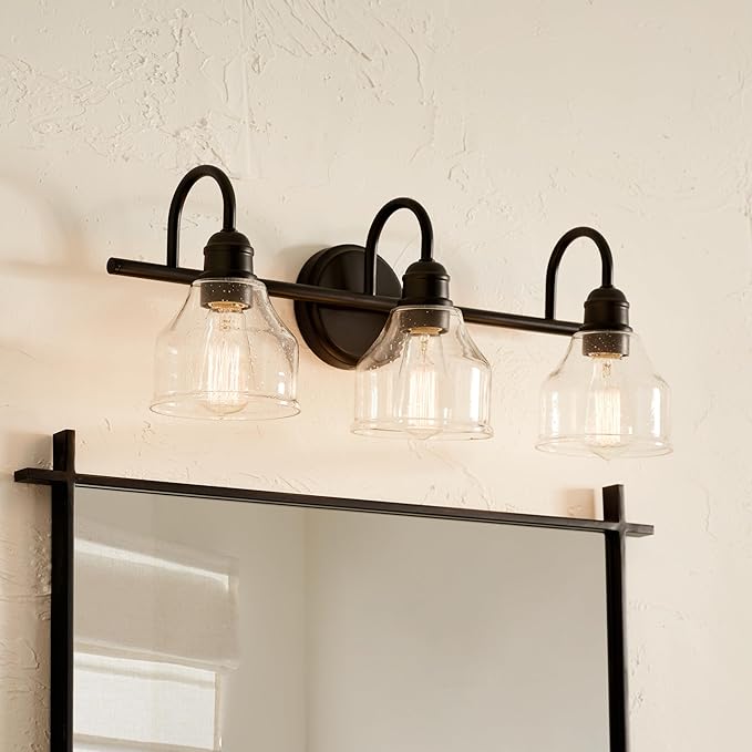 Kichler Avery 24" 3-Light Bathroom Vanity Light in Black with Clear Seeded Glass for Bathroom and Powder Room Vanity, Industrial Styling, (24" W x 9.5" H x 8.25" Ext.), 45973BK