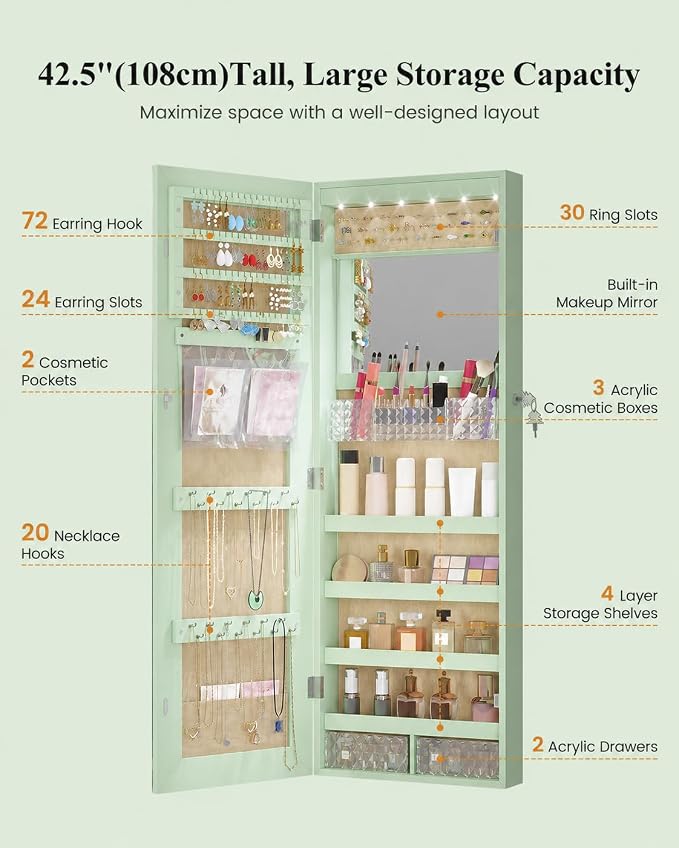 LVSOMT 42.5" Wall Mounted Jewelry Organzier with LED Mirror, Green | Lockable Jewelry Cabinet for 30 Ring Slots, 96 Earring and 20 Necklace Hooks, Gift for Women, Girls