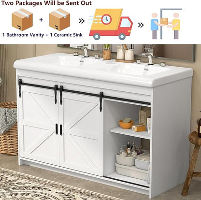 48" White Farmhouse Double Bathroom Vanity, 2 Ceramic Sinks, Freestanding with 2 Sliding Doors, 2 Drawers & Shelves, Actual 47.3" L x 19.7" W x 35.5" H