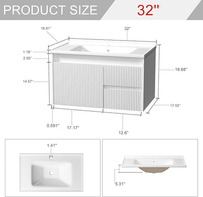 Floating Bathroom Vanity 32 Inch, Wall Mounted Bathroom Vanity with Ceramic Sink and 2 Drawers for Storage, Modern Wave-Carved Design Wooden Sink Cabinet, White