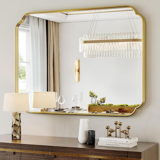 Gold Bathroom Mirror, 30” x 40” Scalloped Rounded Corner Rectangle Wall Mirrors with Metal Frame, Modern Vanity Mirror for Over Sink, Bedroom, Entryway, Horizontal or Vertical