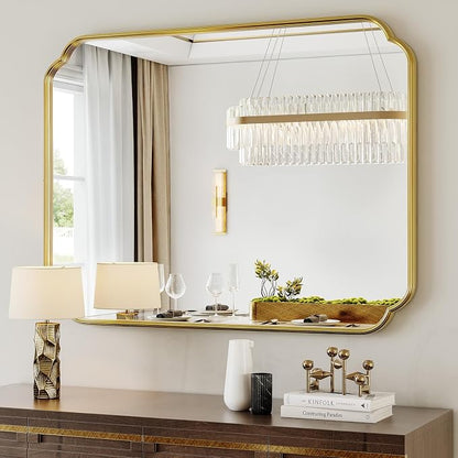Gold Bathroom Mirror, 30” x 40” Scalloped Rounded Corner Rectangle Wall Mirrors with Metal Frame, Modern Vanity Mirror for Over Sink, Bedroom, Entryway, Horizontal or Vertical