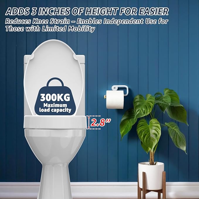 Raised Elongated Toilet Seat 18.5'' for Seniors – Soft Close, Quick Release & Connect, Sturdy PP Material, Won’t Loosen, Ideal for Elderly & Limited Mobility, White