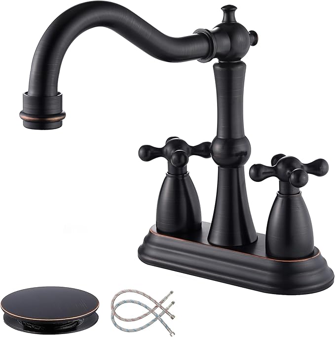 Oil Rubbed Bronze Bathroom Faucet 2 Hole, 4 Inch Centerset Antique Bathroom Faucet with Pop Up Drain and Supply Hose, Modern Bathroom Faucet Vanity Faucet, SE-0038-ORB