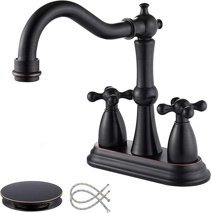 Oil Rubbed Bronze Bathroom Faucet 2 Hole, 4 Inch Centerset Antique Bathroom Faucet with Pop Up Drain and Supply Hose, Modern Bathroom Faucet Vanity Faucet, SE-0038-ORB