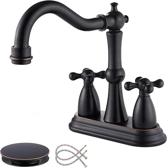 Oil Rubbed Bronze Bathroom Faucet 2 Hole, 4 Inch Centerset Antique Bathroom Faucet with Pop Up Drain and Supply Hose, Modern Bathroom Faucet Vanity Faucet, SE-0038-ORB