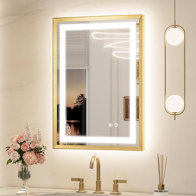Keonjinn 20x28 Inch Gold LED Bathroom Mirror with Lights, Beveled Edge | Frontlit & Backlit, Lighted Bathroom Mirror, HD Tempered Glass, 3 Color Temperatures, Anti-fog, Stepless Dimmable