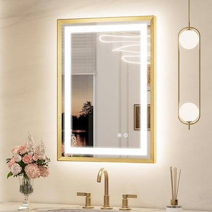 Keonjinn 20x28 Inch Gold LED Bathroom Mirror with Lights, Beveled Edge | Frontlit & Backlit, Lighted Bathroom Mirror, HD Tempered Glass, 3 Color Temperatures, Anti-fog, Stepless Dimmable