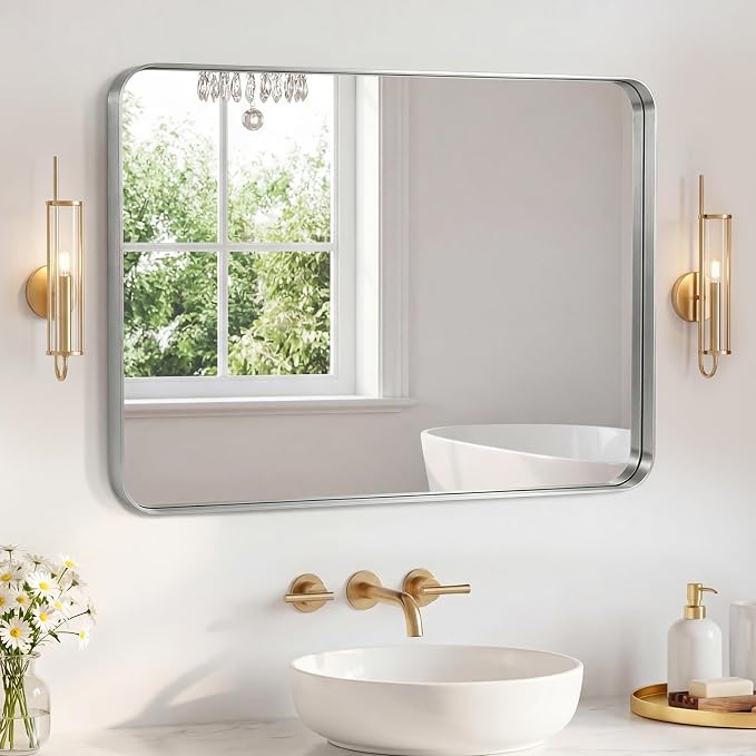 Sweetcrispy Bathroom Mirror 40x32 Inch, Vanity Mirror for Wall | Metal Framed Rounded Rectangle, Over Sink, Farmhouse, Restroom, Anti-Rust, Horizontal or Vertical Hanging, Silver