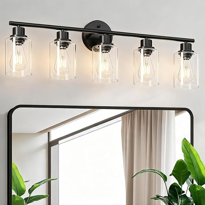 5-Light Black Bathroom Vanity Lights, E26 Modern Bathroom Light Fixtures with Clear Glass Shade, Mirror Kitchen Hallway Cabinet Living Room Sconces Wall Lights