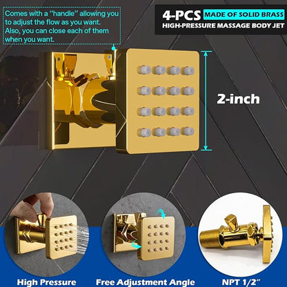 ENGA Bright Gold Shower System with Body Jets, 2 In 1 Functions Ceiling Mount 14x20inch LED Shower Head with 4 Body Jets, Rainfall Waterfall Shower Faucet Set